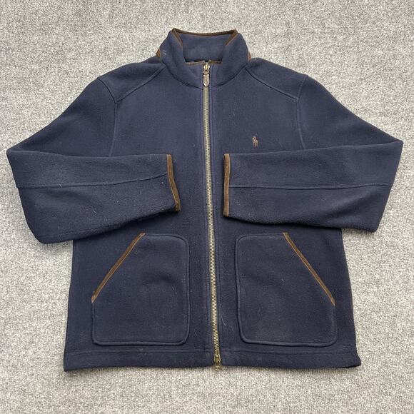 Polo Ralph Lauren Jacket Mens Large Fleece Full Zip Leather Trim Outdoor Coat - Picture 1 of 8